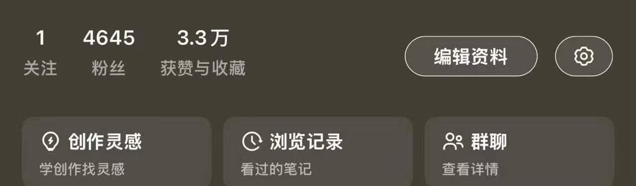 脱敏账号数据截图，显示 4,645 位粉丝和约 3.3 万次获赞与收藏